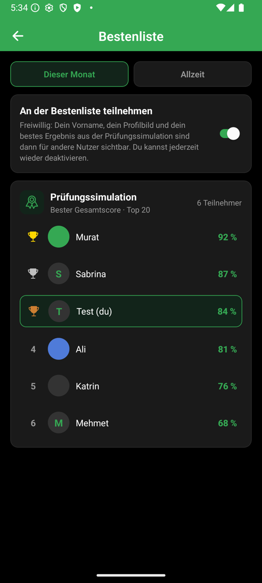 Freiwillige Bestenliste der Prüfungssimulation