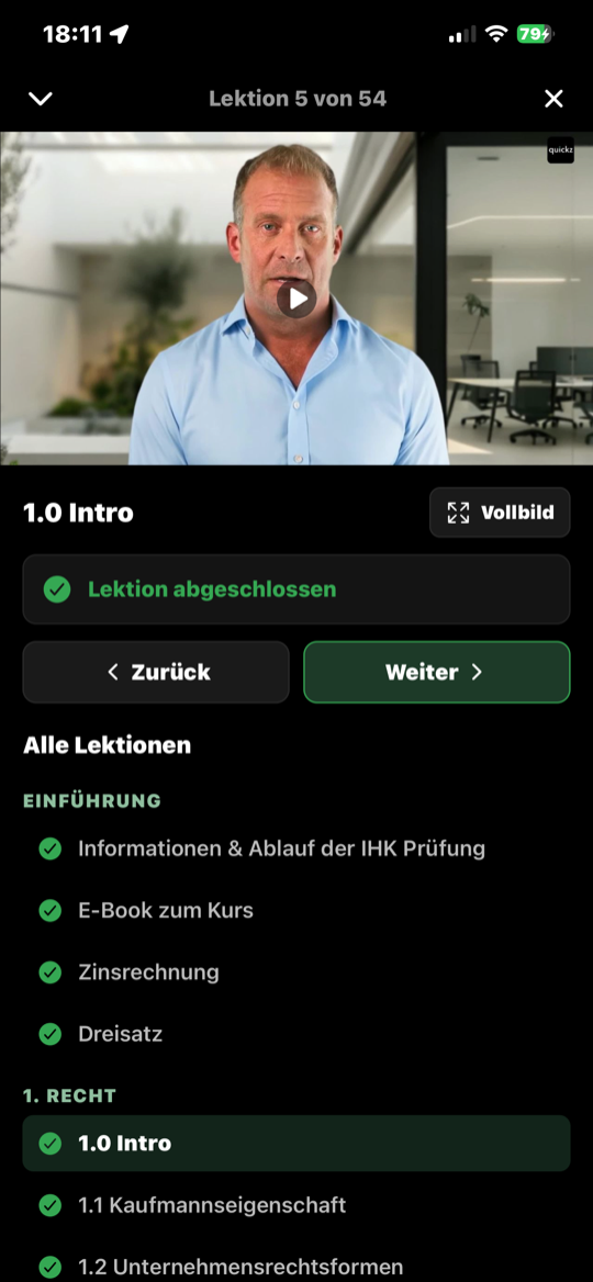 Videokurs-Player der quickz Academy App mit laufender Lektion
