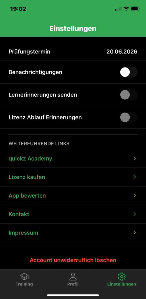 Screenshot mit den weiteren Einstellungen in der App